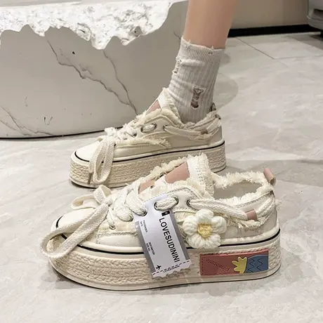 花卉帆布鞋2024秋新款透气小白鞋女厚底松糕底系带百搭学生板鞋女商品大图