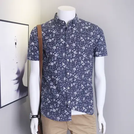 格慕施2023夏季纯棉碎花休闲舒适短袖衬衫牛津纺全棉宽松大码男装图片