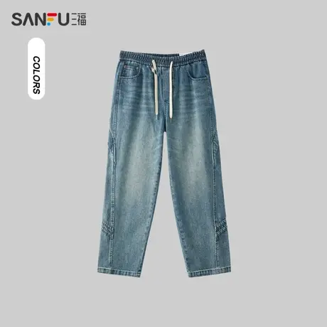 三福2024春季男士蓝绿宽锥牛仔裤 休闲宽松直筒长裤男481125商品大图