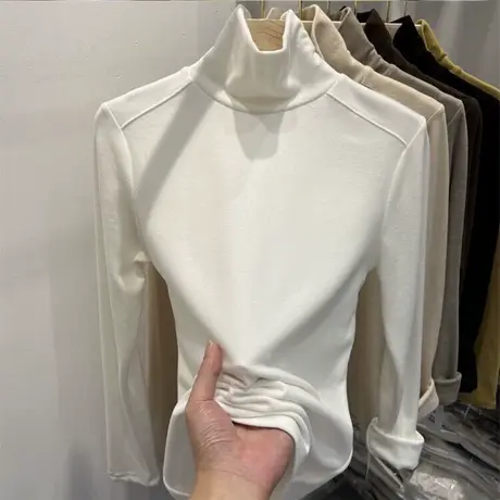 秋冬德绒磨毛保暖打底衫女韩版修身显瘦高领长袖T恤内搭纯色上衣商品大图