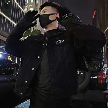 潮牌重工拼接牛仔外套男秋季新款网红痞帅机车服夹克上衣牛仔衣商品大图