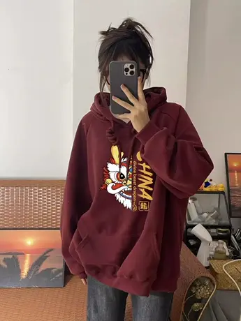 连帽卫衣女国潮卡通oversize大码冬季加绒外套ins潮龙年情侣上衣图片
