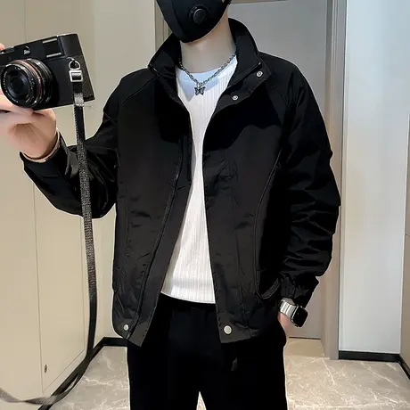 工装夹克男春季2024潮牌修身纯色痞帅韩版休闲设计感春装立领外套图片