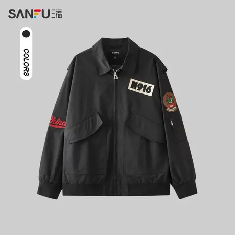 三福2024春季男士袖子贴标夹克 美式休闲宽松翻领外套男482469图片