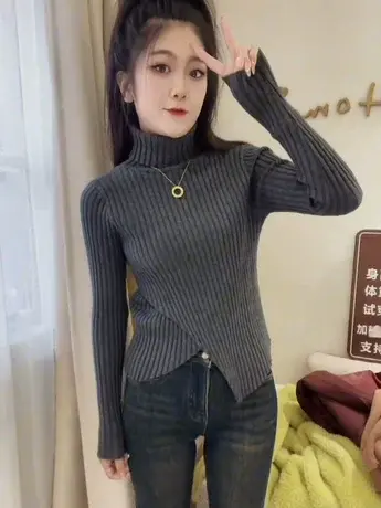 高领针织毛衣女装2024春季新款超好看上衣设计感下摆不规则打底衫商品大图