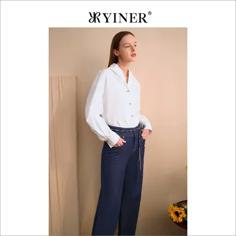 YINER音儿女装2023夏季复古翻领衬衫白色质感上衣商品大图