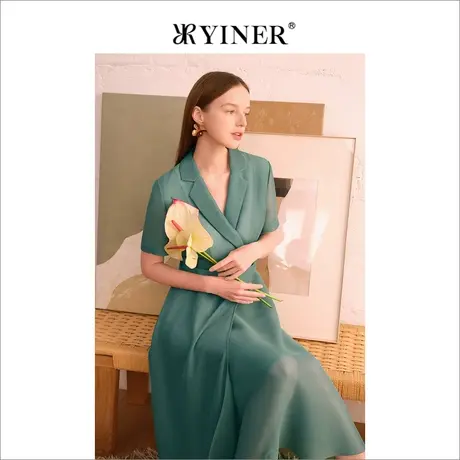 YINER音儿女装夏季西装领收腰显瘦网纱连衣裙商品大图