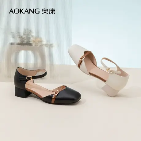 奥康女鞋春夏季新款方头仙女风包头凉鞋时尚通勤粗跟中空单鞋商品大图