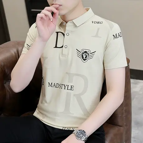印花全棉Polo衫男士修身青年短袖t恤韩版潮流个性夏季新款打底衫商品大图