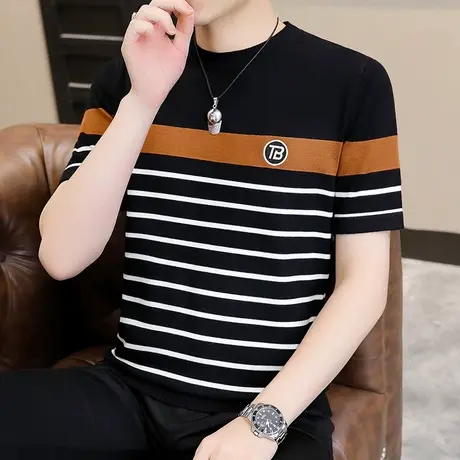 2024新款夏季男士冰丝短袖T恤个性潮流半袖针织衫冰麻毛衣打底衫商品大图