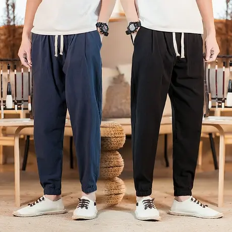 亚麻裤男春夏季薄款宽松直筒休闲长裤潮流胖子大码运动棉麻九分裤商品大图