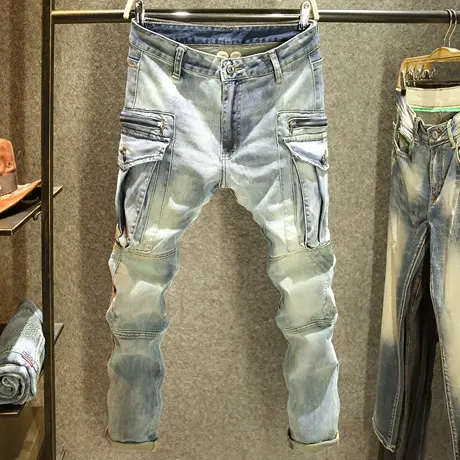 新款工装多口袋牛仔裤男修身直筒裤子男潮牌个性拼接美式高端长裤图片