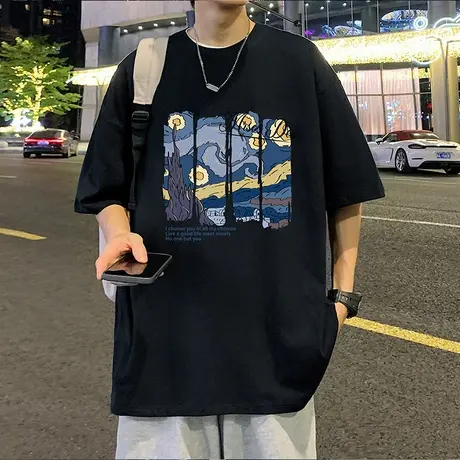 短袖T恤男2024新款星夜卡通圆领半袖oversize宽松潮牌男生体恤衫商品大图