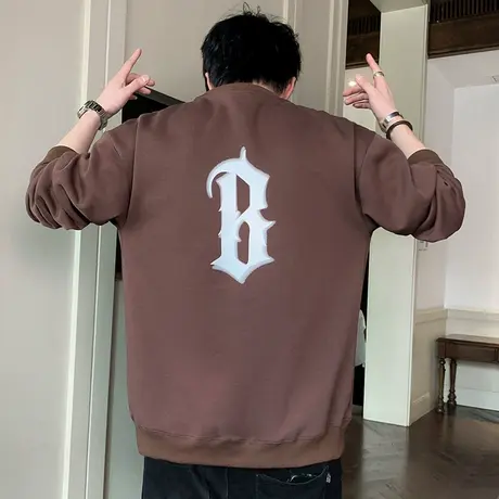 秋冬季日系港风圆领卫衣男士2023新款冬天内搭上衣打底衫男春秋款图片