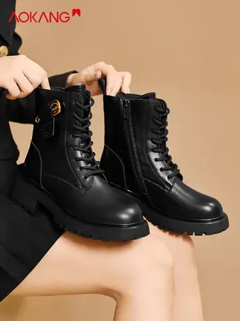 奥康2024新款黑色复古春秋单靴平底切尔西靴女真皮短靴厚底马丁靴图片