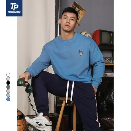 TOMATOPAPA欧美风简约人头绣章卫衣男士潮嘻哈宽松纯色休闲上衣男商品大图