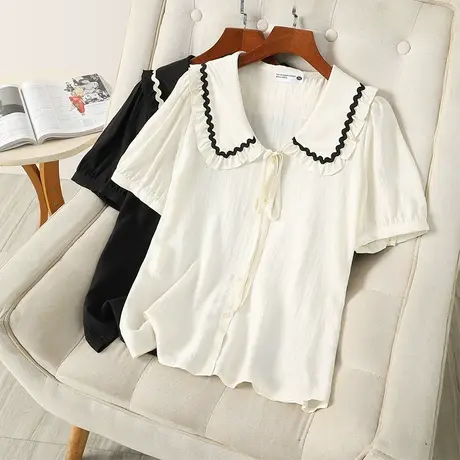 伊自尚2023年新款胖妹妹时尚大码女装夏季气质显瘦娃娃领雪纺衫女商品大图