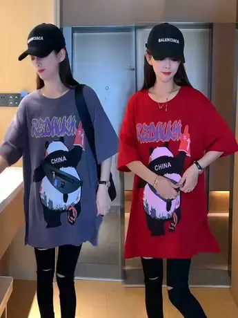 2023夏季新款熊猫拉链口袋字母印花开叉休闲时尚百搭圆领短袖T恤商品大图