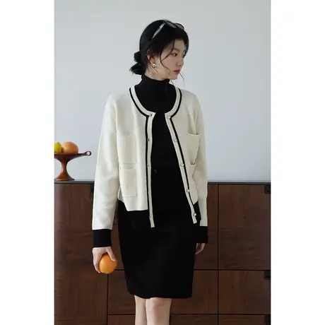 嘉茱莉2023新款小香风针织开衫女撞色针织毛衣外套1OO羊毛上衣商品大图