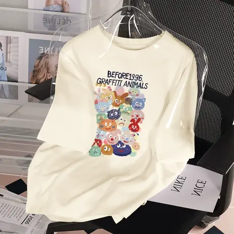 米色纯棉短袖t恤女2023年新款夏季宽松童趣风上衣小个子半袖女装商品大图