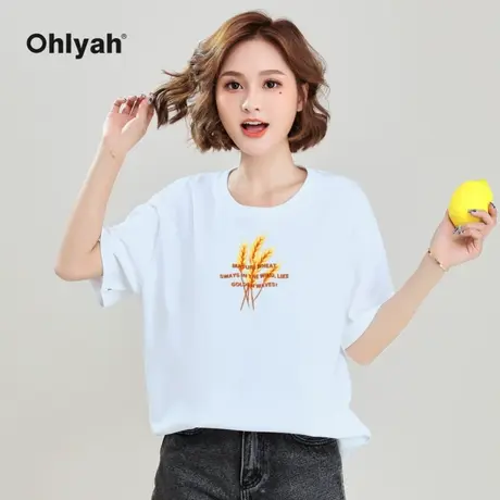 Ohlyah品牌 麦穗印花短袖t恤女装学生小清新百搭上衣服白色打底衫图片