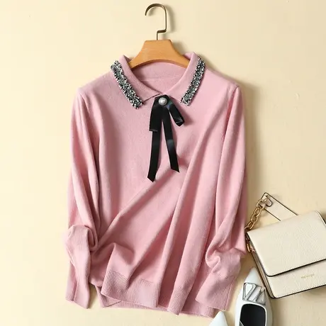 女士毛衣女宽松2023秋冬新款上衣方领蕾丝蝴蝶结针织打底衫女外穿图片