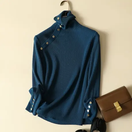 秋冬新款堆堆高领毛衣女纽扣韩版修身显瘦针织打底衫女士内搭上衣商品大图