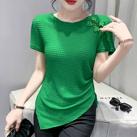 网纱短袖t恤女夏欧货下摆不规则上衣洋气收腰小衫复古设计感T桖潮商品大图