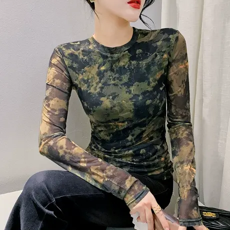 扎染印花网纱T恤女长袖秋季2023新款圆领内搭打底衫气质紧身上衣商品大图