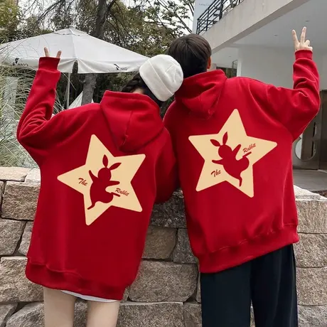 2023兔年本命年红色连帽卫衣女装时尚秋冬新款加绒外套情侣装衣服商品大图