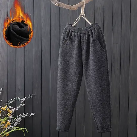 复古文艺针织保暖哈伦裤女秋冬新款松紧腰宽松加绒加厚休闲裤长裤商品大图