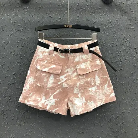 复古扎染牛仔阔腿短裤女2023夏季新款港味休闲宽松a字裤百搭热裤图片