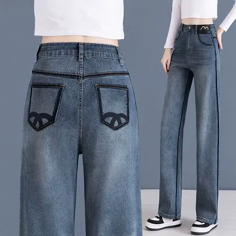 复古牛仔阔腿裤女高腰宽松拖地裤春夏新款小个子垂感窄版直筒裤子图片