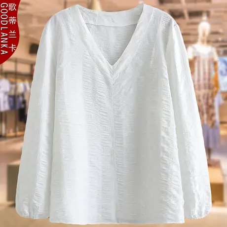 中年妈妈大码女装遮肉小衫洋气时尚薄款V领上衣宽松加肥加大T恤衫商品大图