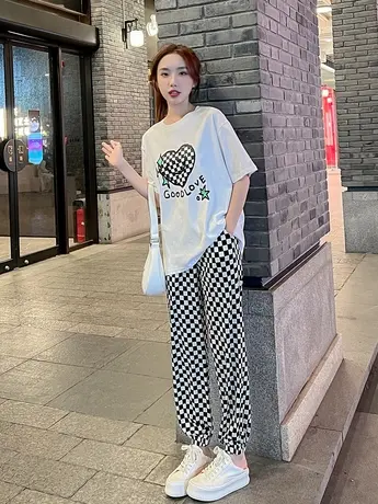 纯棉港风运动服套装女夏季薄款宽松时尚短袖长裤小个子休闲两件套商品大图