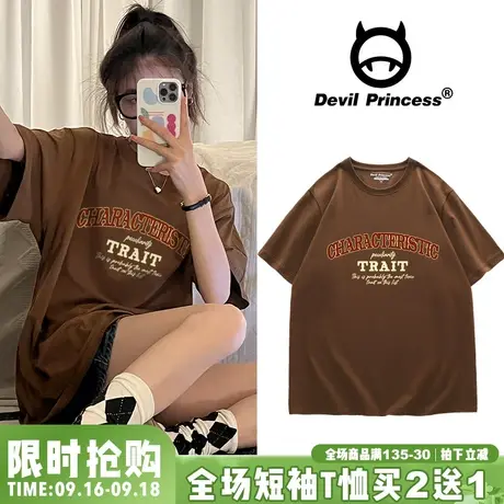 学院风设计感美式印花短袖t恤女ulzzang高街宽松韩版超火正肩上衣商品大图