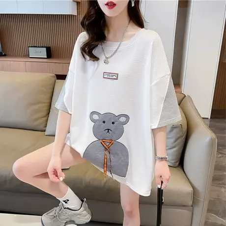 小众设计感短袖t恤女夏季韩版宽松大码女装中长款小熊半袖上衣服图片