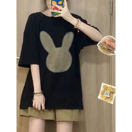 重磅纯棉黑色短袖t恤女夏季2023新款美式复古半袖oversize上衣服商品大图