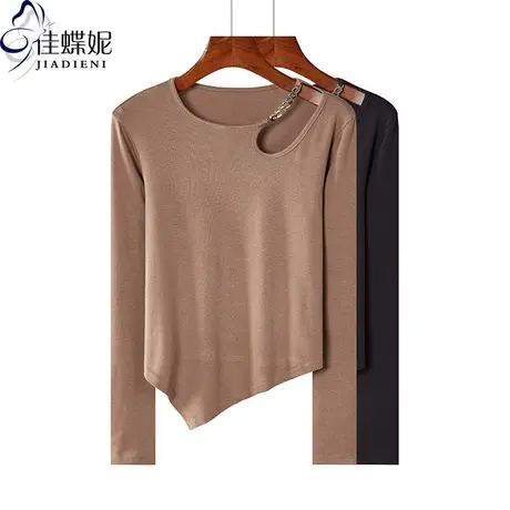 秋冬季韩版圆领纯棉修身不规则露肩长袖体恤上衣内搭女打底衫磨毛商品大图