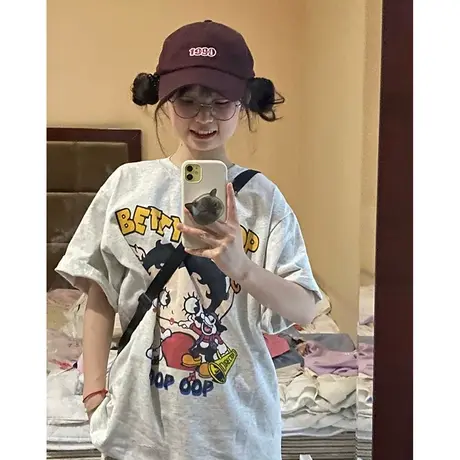 微胖女装oversize港味原宿风ins复古短袖t恤夏设计感宽松韩版上衣商品大图