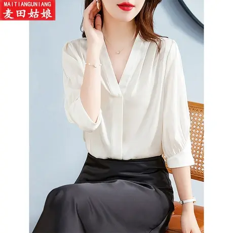 V领纯色气质职业通勤宽松桑蚕丝中袖小衫上衣百搭2023年秋季新款图片