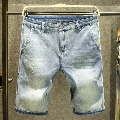 夏天斜口袋牛仔短裤男款宽松直筒五分裤潮牌磨破工艺夏季5分中裤商品大图