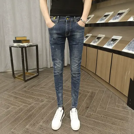 个性猫爪弹力青年小脚裤韩版修身铅笔裤男裤微弹新款贴布牛仔长裤商品大图