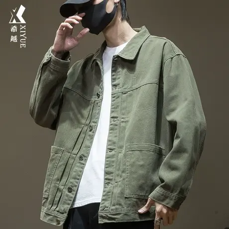 希越秋季牛仔外套男胖子宽松大码军绿色工装夹克衬衣男士秋冬男装商品大图