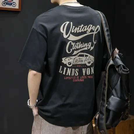 印花黑色短袖t恤男士潮牌大码夏季2023新款男款纯棉胖子男装体恤商品大图