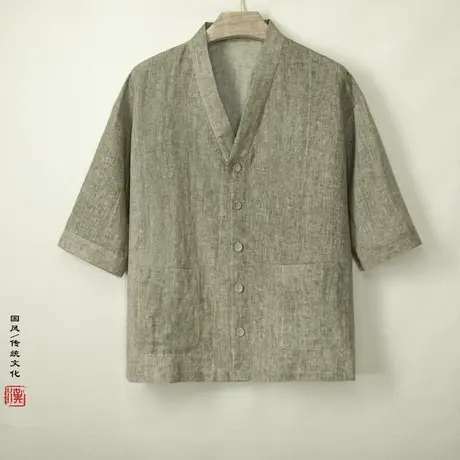 新中式棉麻衬衫男夏季开衫道袍禅意外套中国风男装汉服亚麻衬衣商品大图