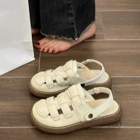 包头凉鞋女2023年新款夏季外穿两穿厚底半拖鞋夏天软底沙滩罗马鞋图片