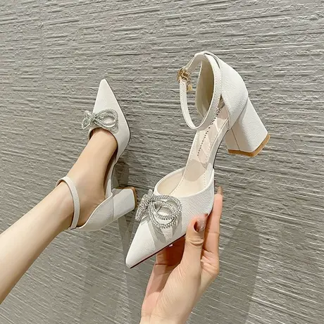 一字带粗跟高跟鞋女2023年春季新款设计感小众尖头水钻蝴蝶结单鞋商品大图