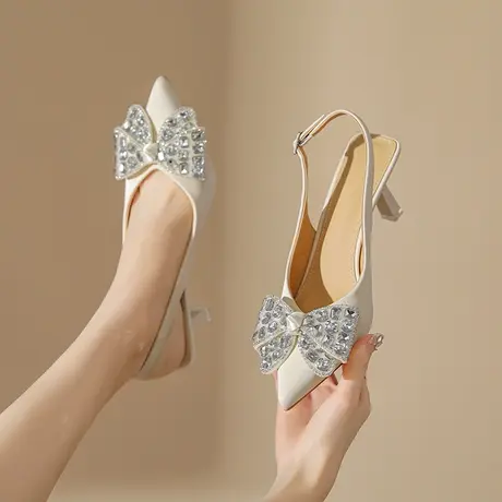 包头尖头凉鞋2023年夏季新款蝴蝶结水钻后空细跟气质晚晚风高跟鞋商品大图