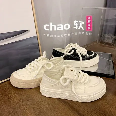 2023夏季新款休闲透气两穿小白鞋女一脚蹬懒人鞋踩脚半拖帆布鞋女商品大图